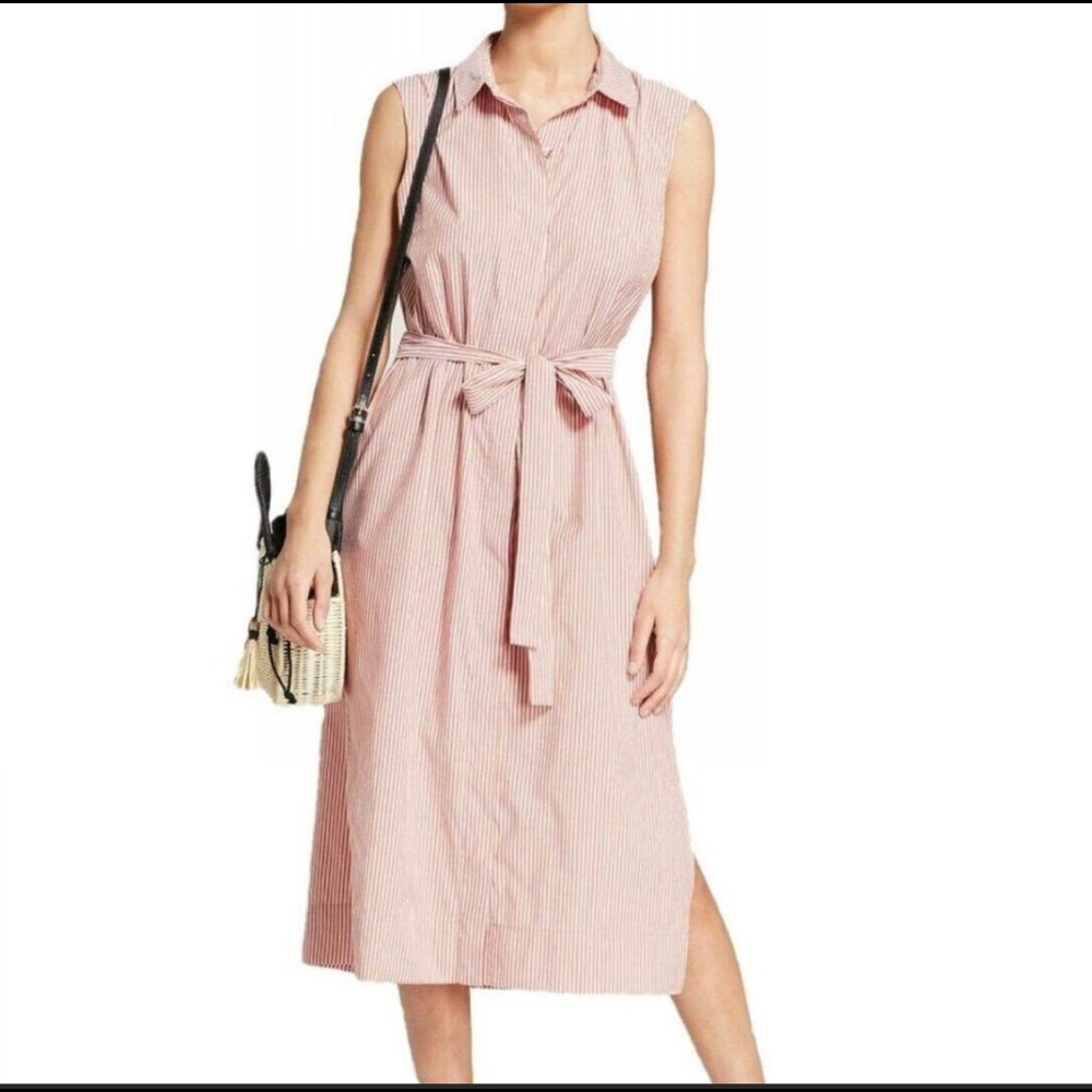 Striped Button-Up Back Slit Midi Dress